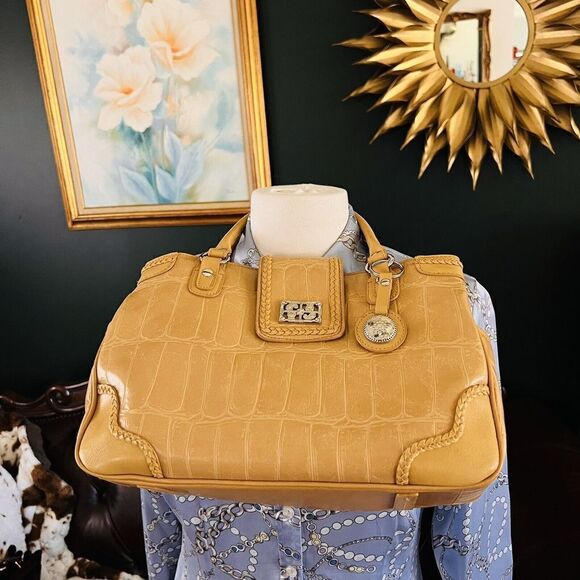 Vintage Bueno Embossed Croc Faux Leather Satchel Bag Purse Duffel Tan Camel Fob - Picture 2 of 14